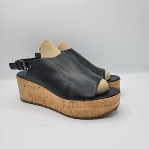 Eileen Fisher Black Leather Cork Platform Sandals